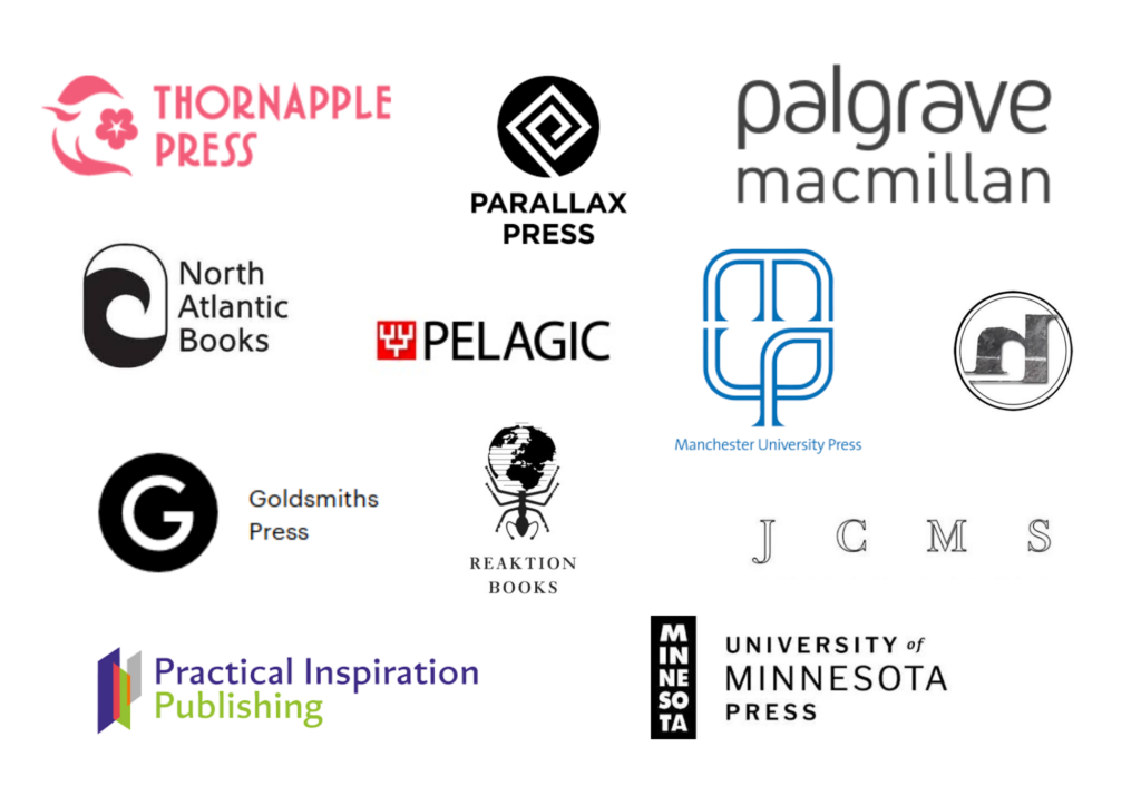 Logos of book publishers, including Thornapple Press, Parallax Press, Palgrave Macmillan, Pelagic Publishing, North Atlantic Books, Manchester University Press, Goldsmiths Press, Reaktion Books, and Practical Inspiration Publishing